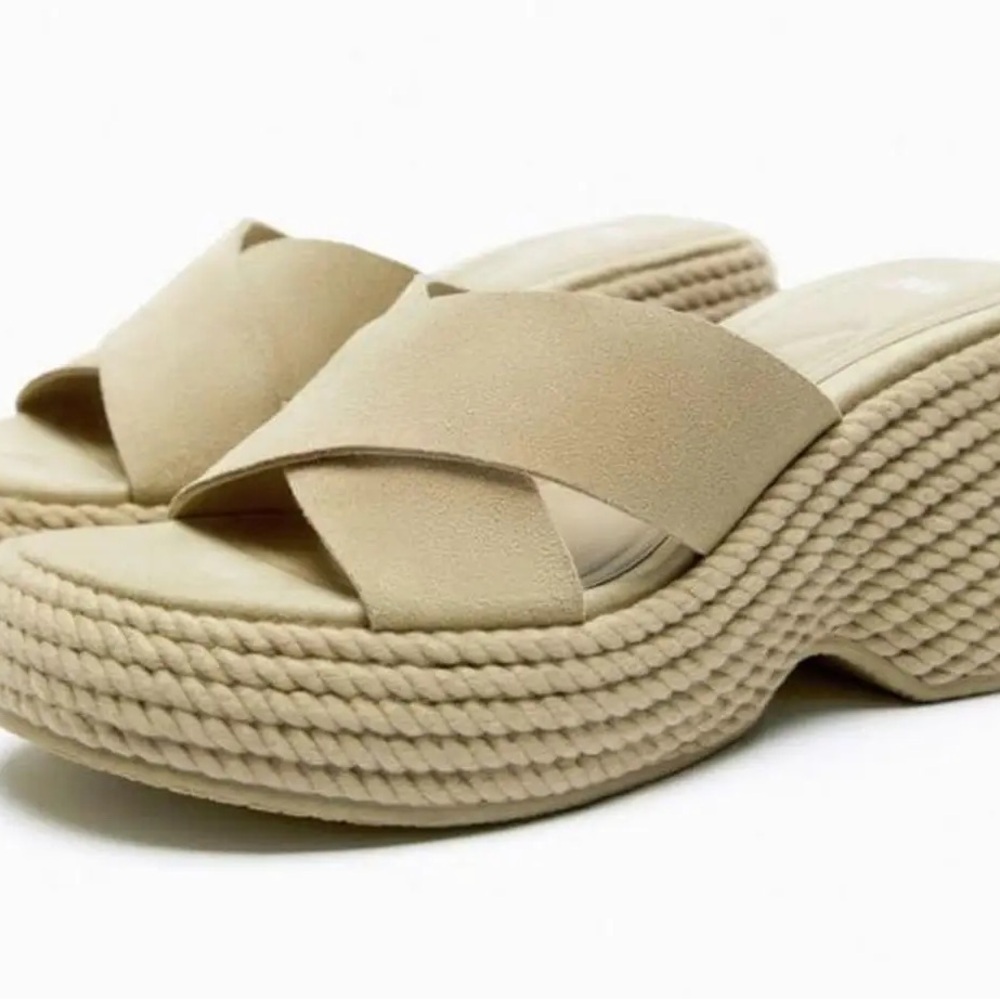 Zara Suede Leather Criss Cross Platform Chunky Espadrille Sandals